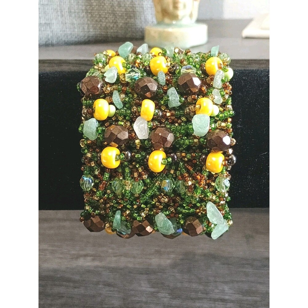Handmade Jadite & Glass Beaded Green Yellow Brown Magnet Closure Wide Bracelet